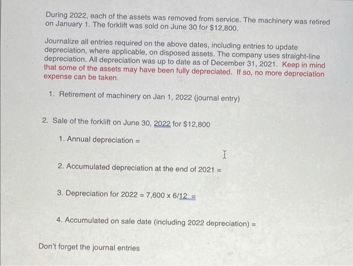 During 2022 Each Of The Assets Was Removed From Service The Machinery Was Retired On January 1 The Forklift Was Sold 1