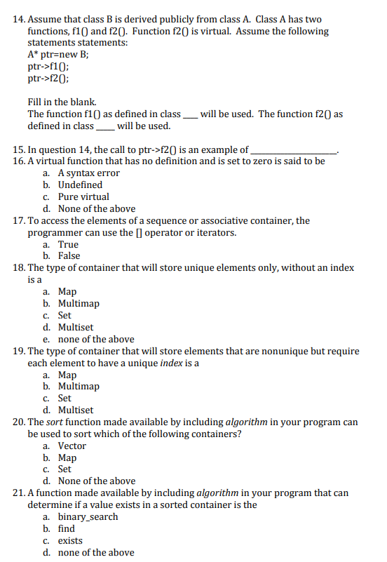 14 Assume That Class B Is Derived Publicly From Class A Class A Has Two Functions F10 And F20 Function F20 Is Virtu 1