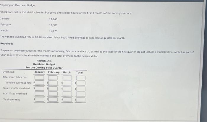 Preparing An Overhead Budget Patrick Inc Makes Industrial Solvents Budgeted Direct Labor Hours For The First 3 Months O 1
