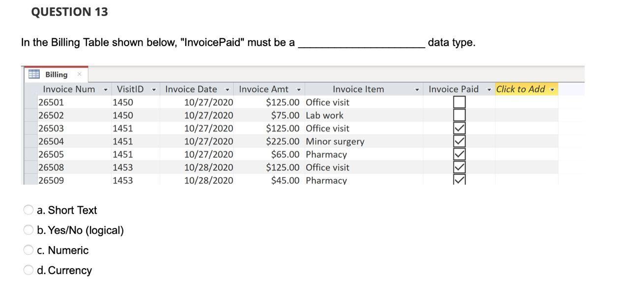 Question 13 In The Billing Table Shown Below Invoicepaid Must Be A Data Type Visitid Invoice Paid Click To Add Bil 1