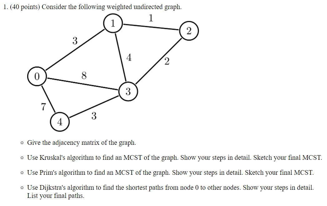 1 40 Points Consider The Following Weighted Undirected Graph 1 2 3 8 3 7 3 O Give The Adjacency Matrix Of The Graph 1