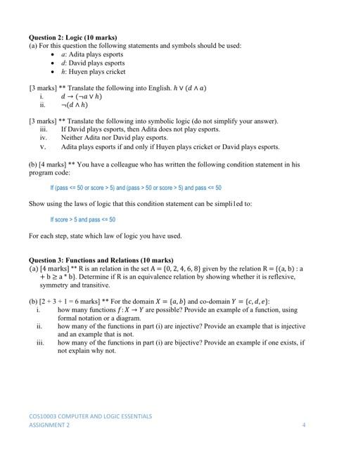 Question 2 Logic 10 Marks A For This Question The Following Statements And Symbols Should Be Used A Adita Plays E 1