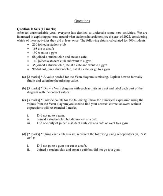 Questions Question 1 Sets 10 Marks After An Unremarkable Year Everyone Has Decided To Undertake Some New Activities 1