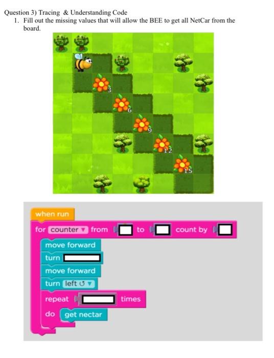 Question 3 Tracing Understanding Code 1 Fill Out The Missing Values That Will Allow The Bee To Get All Netcar From T 1
