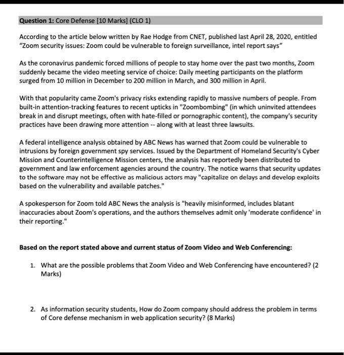 Question 1 Core Defense 10 Marks Clo 1 According To The Article Below Written By Rae Hodge From Cnet Published Las 1
