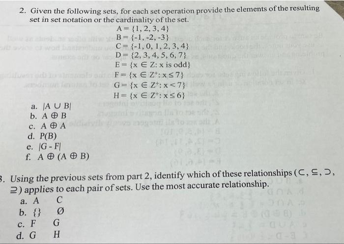 2 Given The Following Sets For Each Set Operation Provide The Elements Of The Resulting Set In Set Notation Or The Car 1