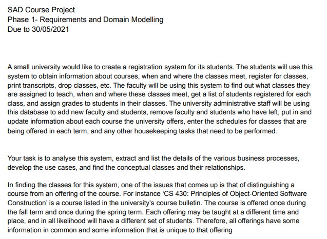 Sad Course Project Phase 1 Requirements And Domain Modelling Due To 30 05 2021 A Small University Would Like To Create 1