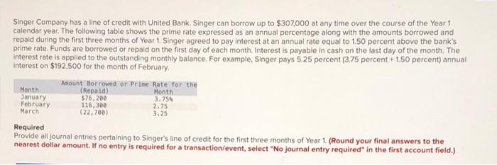 Singer Company Has A Line Of Credit With United Bank Singer Can Borrow Up To 307 000 At Any Time Over The Course Of Th 1