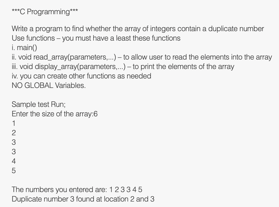 C Programming Write A Program To Find Whether The Array Of Integers Contain A Duplicate Number Use Functions You 1