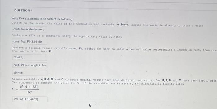 Question 1 Write C Statements To Do Each Of The Following Output To The Screen The Value Of The Decimal Valued Variabl 1