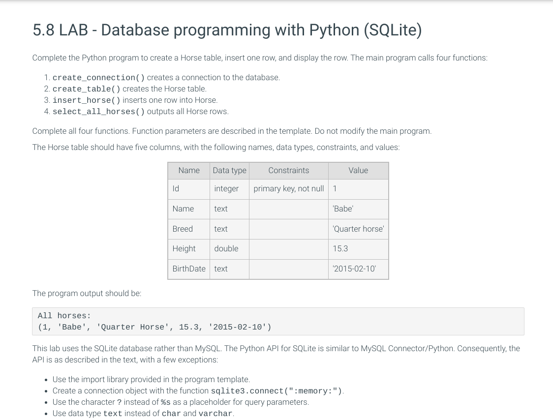 5 8 Lab Database Programming With Python Sqlite Complete The Python Program To Create A Horse Table Insert One Row 1