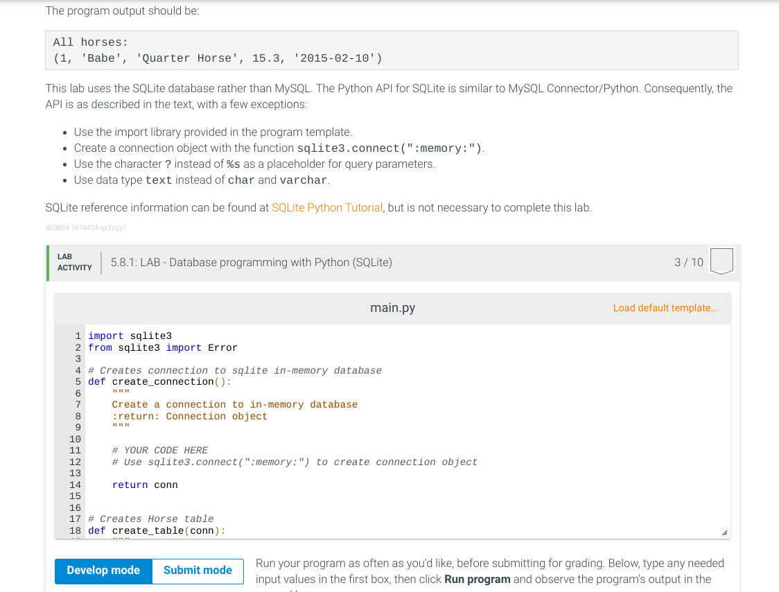 5 8 Lab Database Programming With Python Sqlite Complete The Python Program To Create A Horse Table Insert One Row 2
