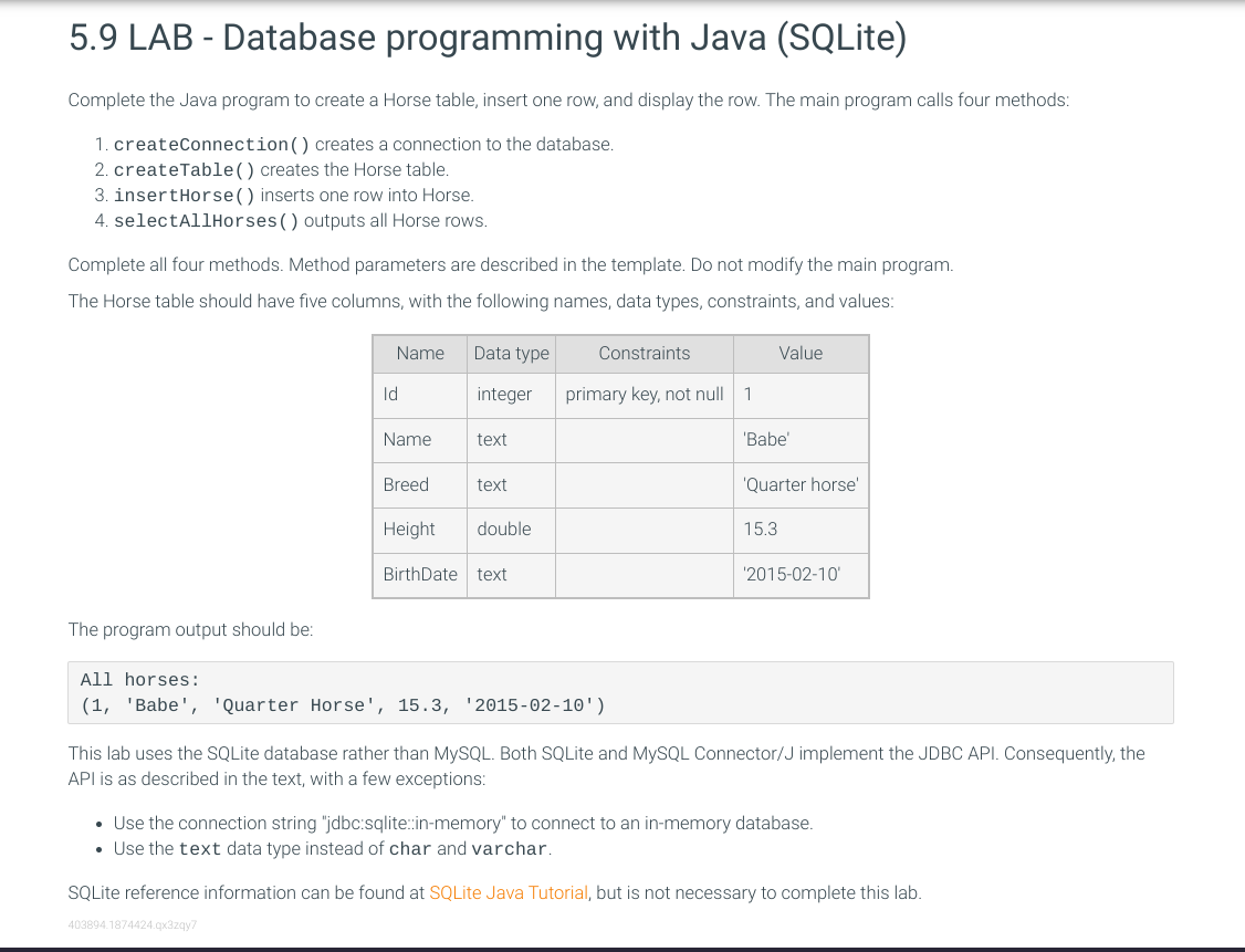 5 9 Lab Database Programming With Java Sqlite Complete The Java Program To Create A Horse Table Insert One Row And 1