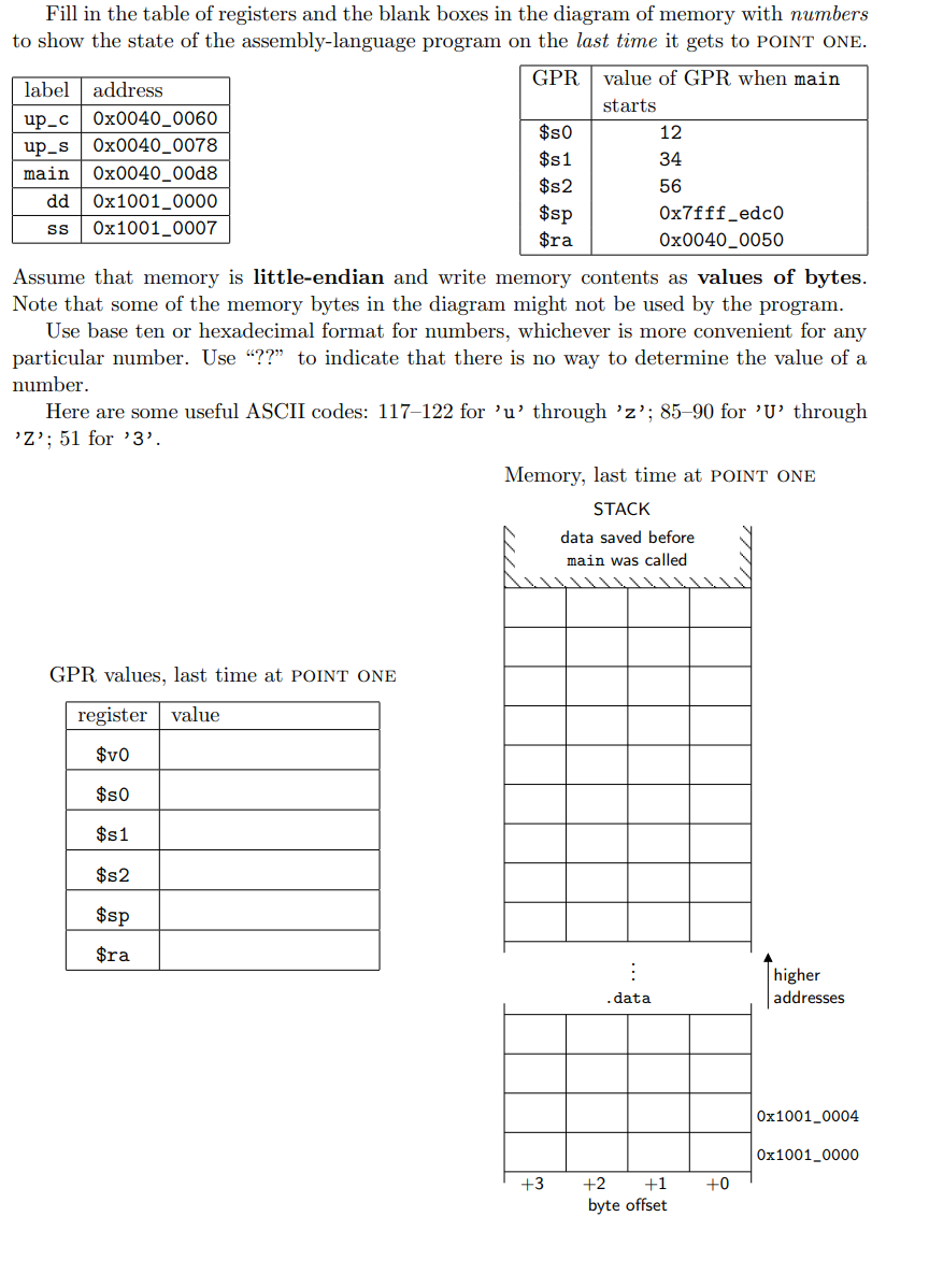 Fill In The Table Of Registers And The Blank Boxes In The Diagram Of Memory With Numbers To Show The State Of The Assemb 1