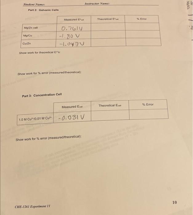 Student Name Instructor Name Meso 2 Part 2 Galvanic Cells Measured E Theoretical Error Mgzn Cell Mg Cu 0 7611 1 80 1