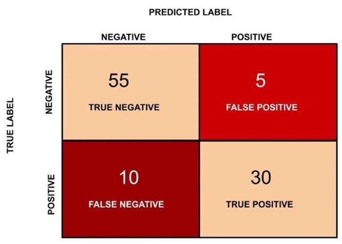 Predicted Label Negative Positive 55 5 Negative True Negative False Positive True Label 10 30 Positive False Negative Tr 1