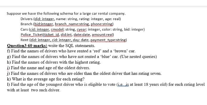 Suppose We Have The Following Schema For A Large Car Rental Company Drivers Did Integer Name String Rating Intege 1