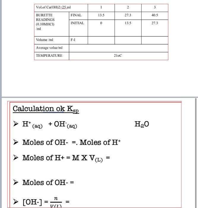 1 2 3 13 5 27 3 40 5 Vol Of Ca Oh 2 25 Ml Burette Final Readings 0 10mhci Initial Ml 0 13 5 27 3 F 1 Volume Ml Avera 1