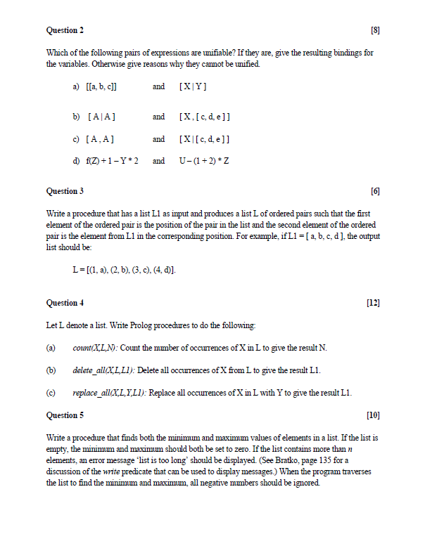 Question 2 8 Which Of The Following Pairs Of Expressions Are Unifiable If They Are Give The Resulting Bindings For T 1