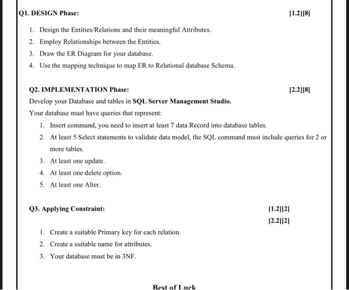 Q1 Design Phase 1 21181 1 Design The Entities Relations And Their Meaningful Attributes 2 Employ Relationships Bet 1
