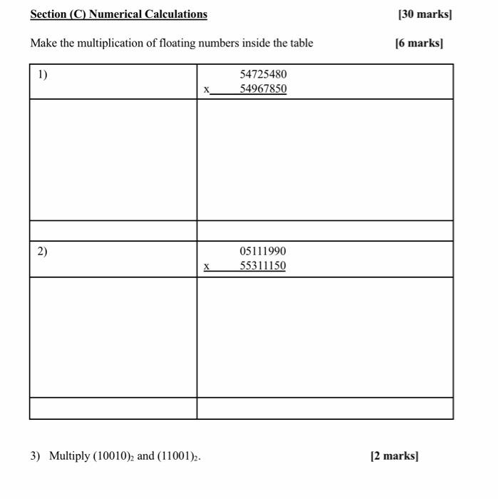 Section C Numerical Calculations 30 Marks Make The Multiplication Of Floating Numbers Inside The Table 6 Marks 1 1