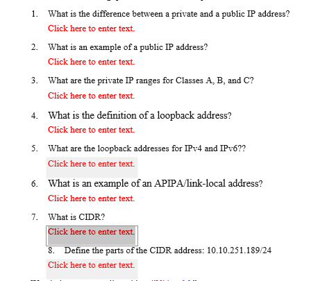 1 What Is The Difference Between A Private And A Public Ip Address Click Here To Enter Text 2 What Is An Example Of 1
