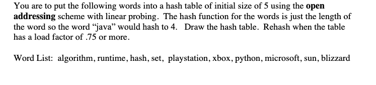 You Are To Put The Following Words Into A Hash Table Of Initial Size Of 5 Using The Open Addressing Scheme With Linear P 1