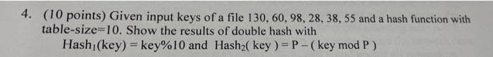4 10 Points Given Input Keys Of A File 130 60 98 28 38 55 And A Hash Function With Table Size 10 Show The Resul 1