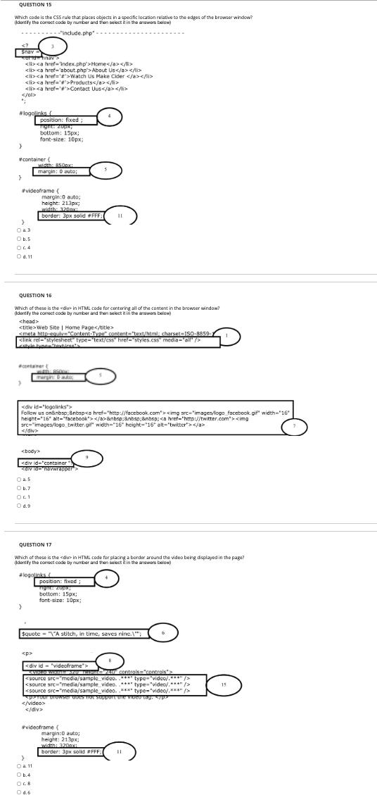 Question 15 Which Code Is The Css Rule That Places Objects In A Specific Location Relative To The Edges Of The Browser W 1