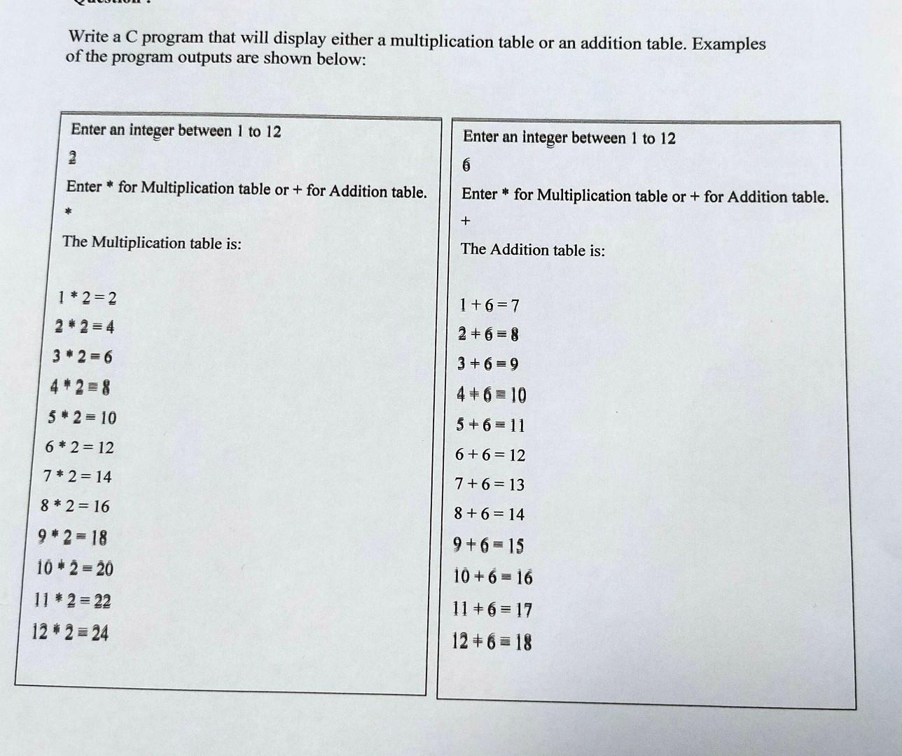 Write A C Program That Will Display Either A Multiplication Table Or An Addition Table Examples Of The Program Outputs 1