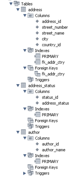 Tables Address Columns Address Id Street Number Street Name City Country Id Indexes Primary Fk Addr Ctry Foreign Keys Fk 1