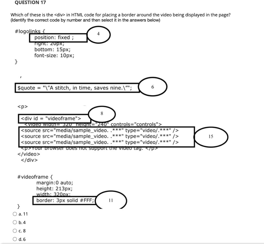 Question 17 Which Of These Is The Div In Html Code For Placing A Border Around The Video Being Displayed In The Page 1