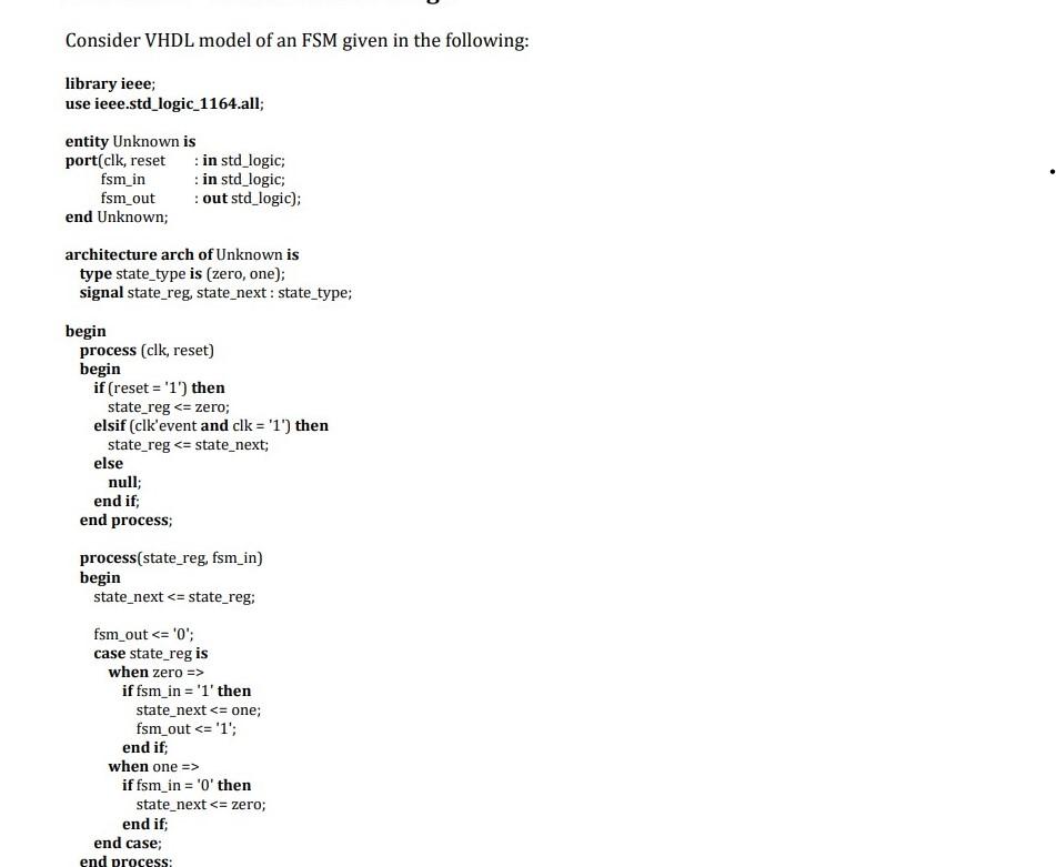 Consider Vhdl Model Of An Fsm Given In The Following Library Ieee Use Ieee Std Logic 1164 All Entity Unknown Is Port 1