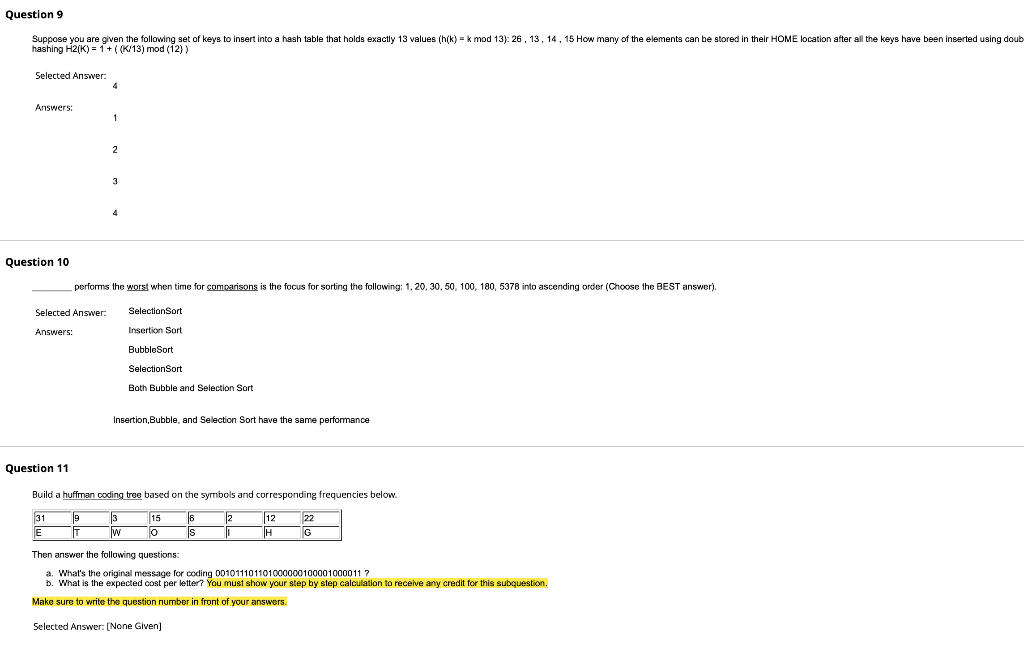 Question 9 Suppose You Are Given The Following Set Of Keys To Insert Into A Hash Table That Holds Exactly 13 Values H K 1