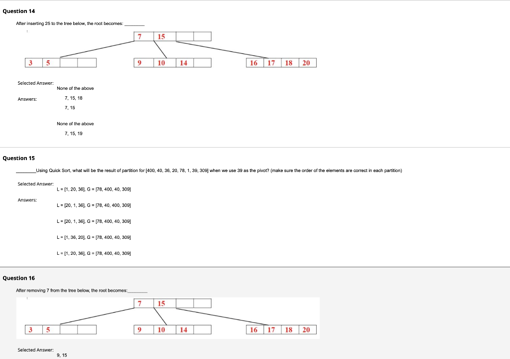 Question 14 After Inserting 25 To The Tree Below The Root Becomes 7 15 3 5 9 10 14 16 17 18 20 Selected Answer None Of 1