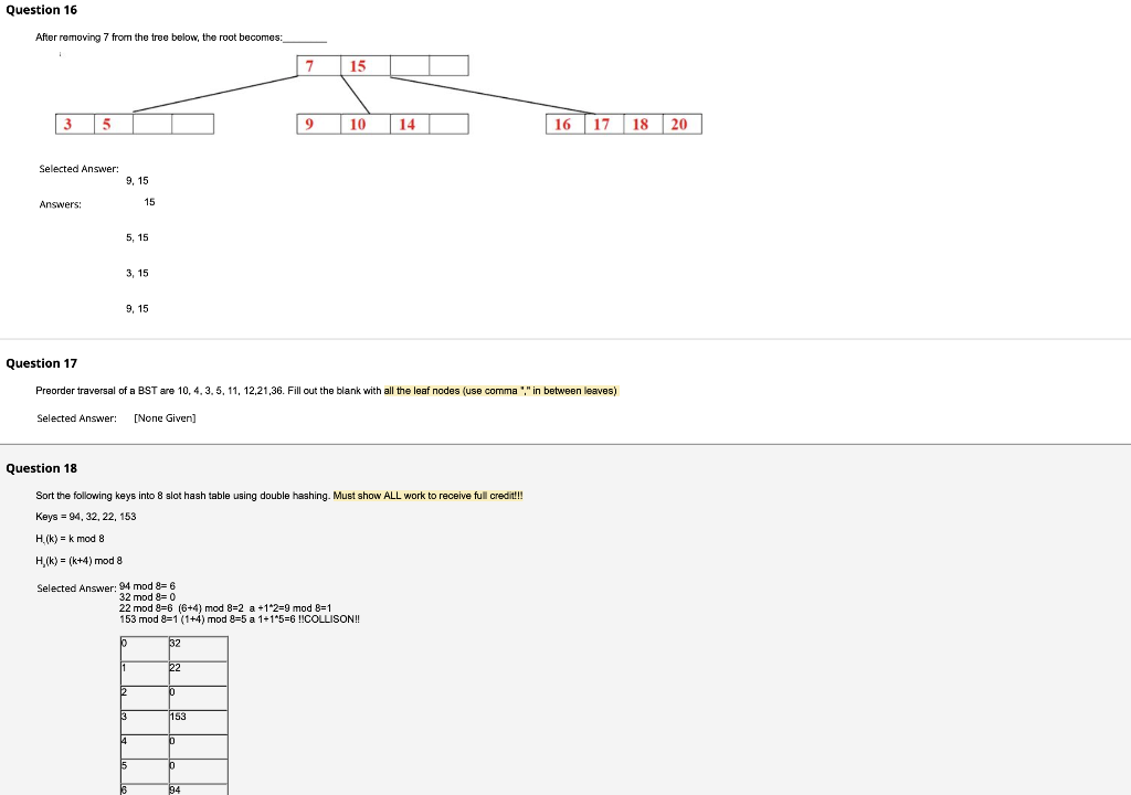 Question 16 After Removing 7 From The True Below The Root Becomes 7 15 3 5 9 10 14 16 17 18 20 Selected Answer 9 15 1