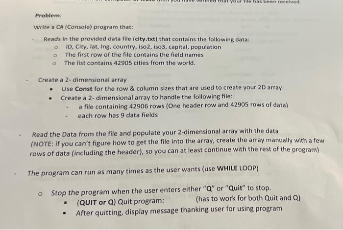 That Your Hile Has Been Received Problem Write A C Console Program That Reads In The Provided Data File City Txt 1