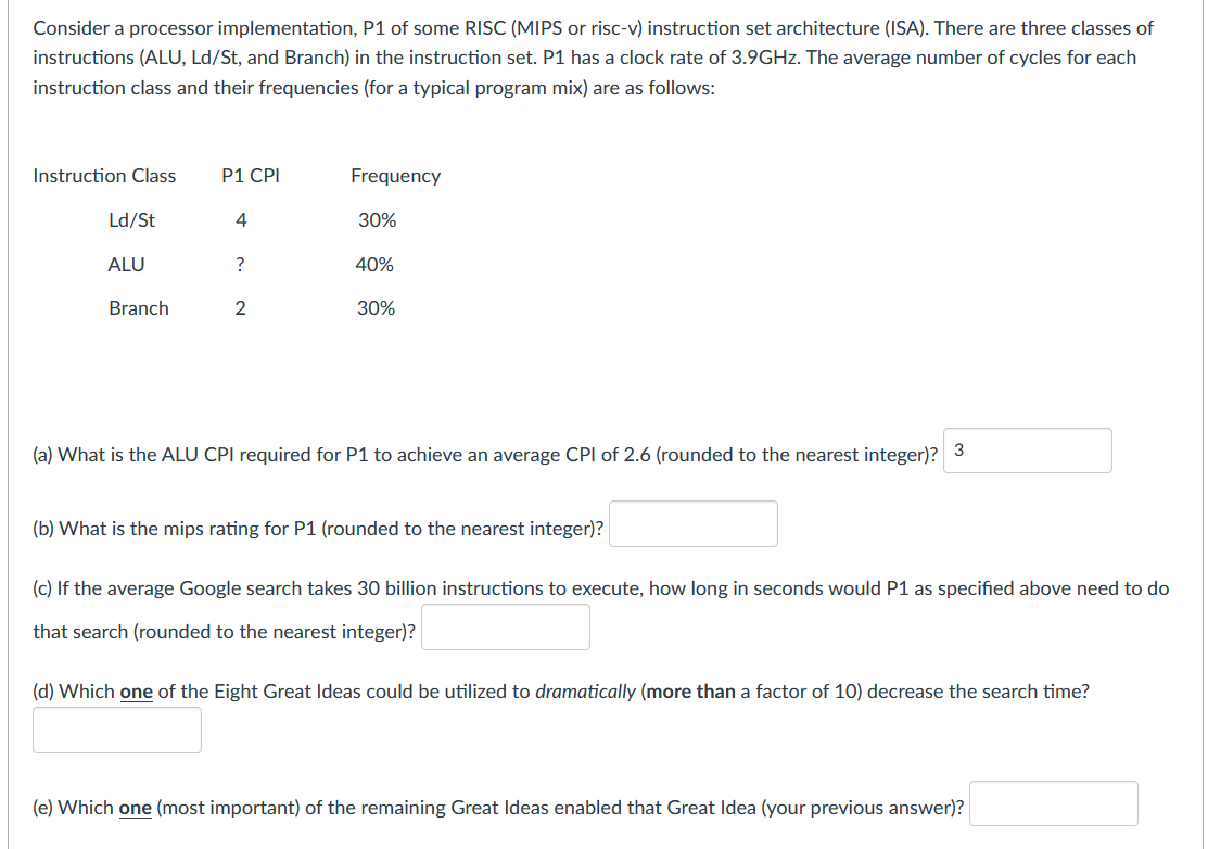 Consider A Processor Implementation P1 Of Some Risc Mips Or Risc V Instruction Set Architecture Isa There Are Thre 1