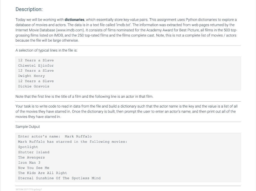 Description Today We Will Be Working With Dictionaries Which Essentially Store Key Value Pairs This Assignment Uses P 1
