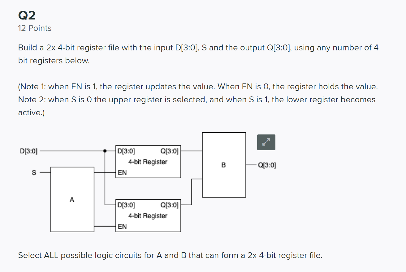 Q2 12 Points Build A 2x 4 Bit Register File With The Input D 3 0 S And The Output Q 3 0 Using Any Number Of 4 Bit Re 1