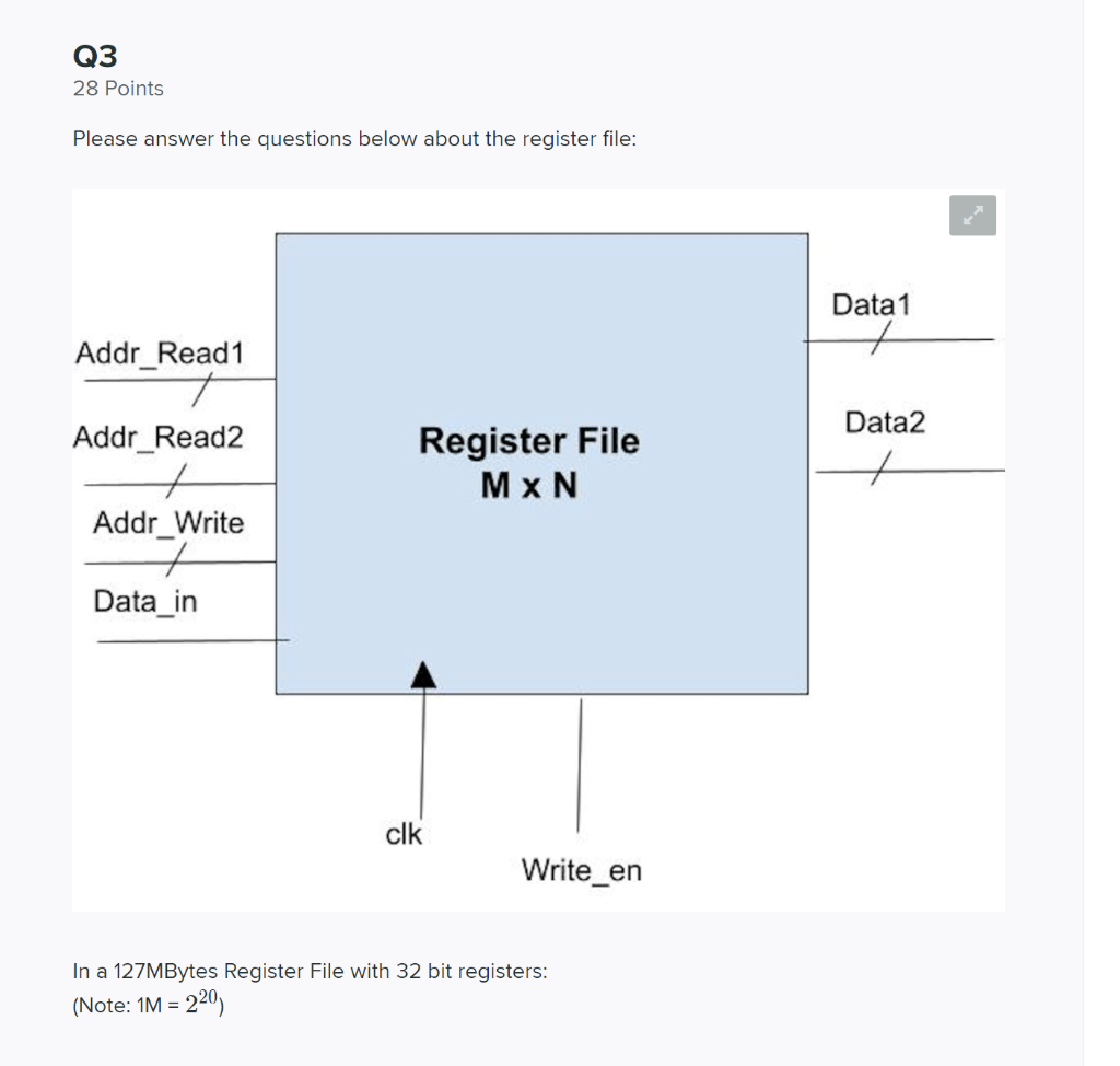Q3 28 Points Please Answer The Questions Below About The Register File Data 1 Addr Read1 Data2 Addr Read2 Register File 1