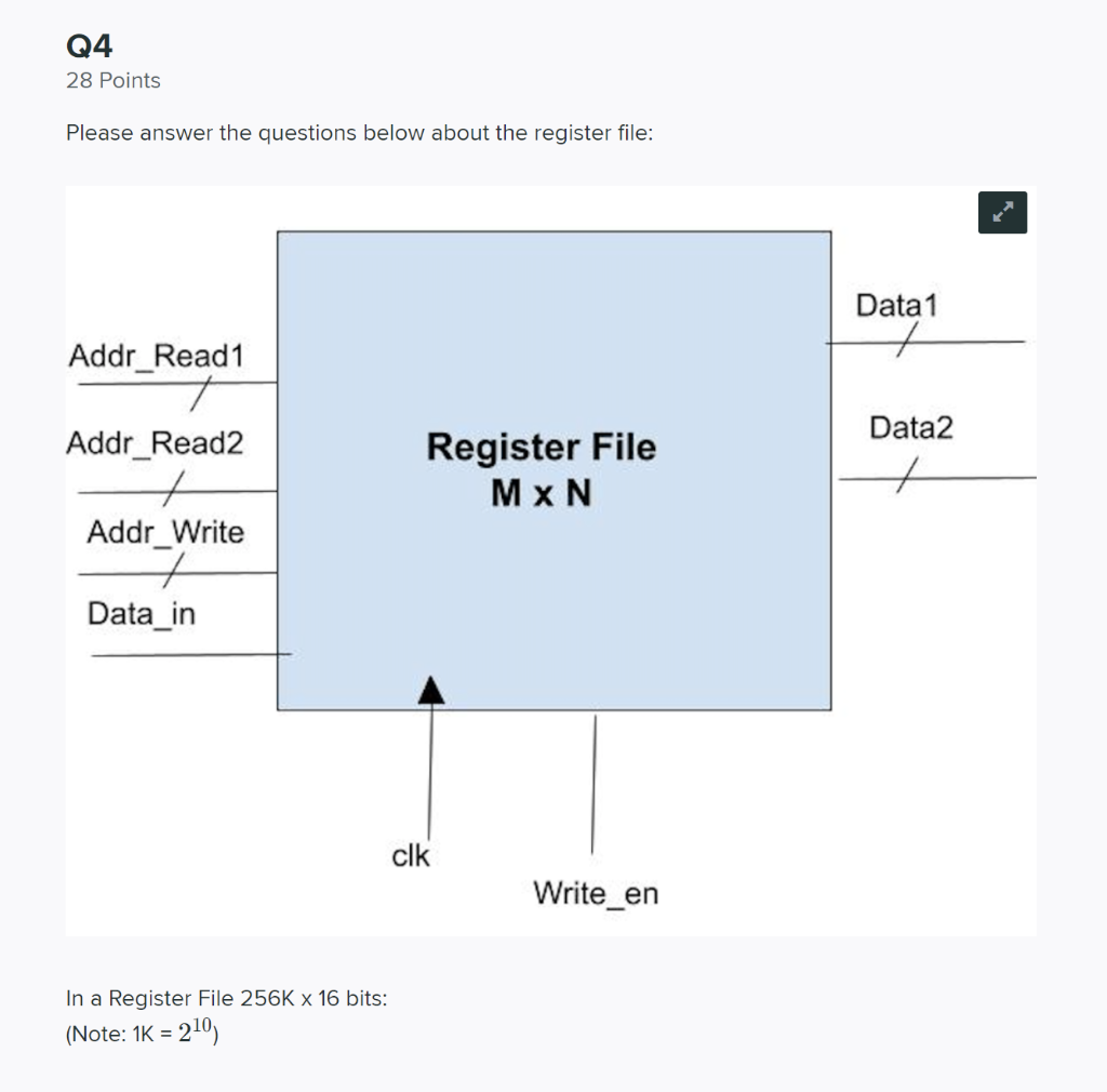 Q4 28 Points Please Answer The Questions Below About The Register File Data 1 7 Addr Read1 Addr Read2 Register File Mxn 1