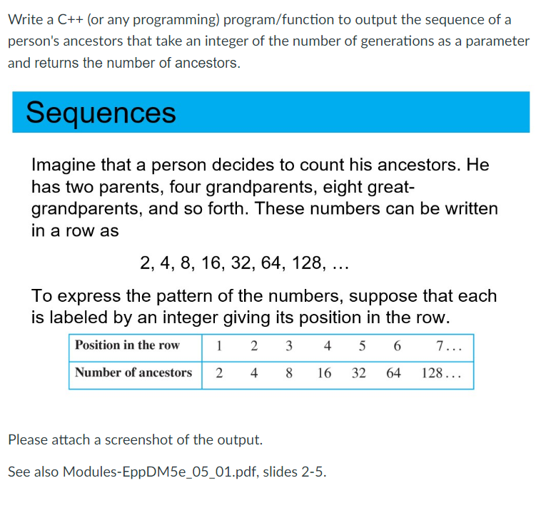 Write A C Or Any Programming Program Function To Output The Sequence Of A Person S Ancestors That Take An Integer Of 1