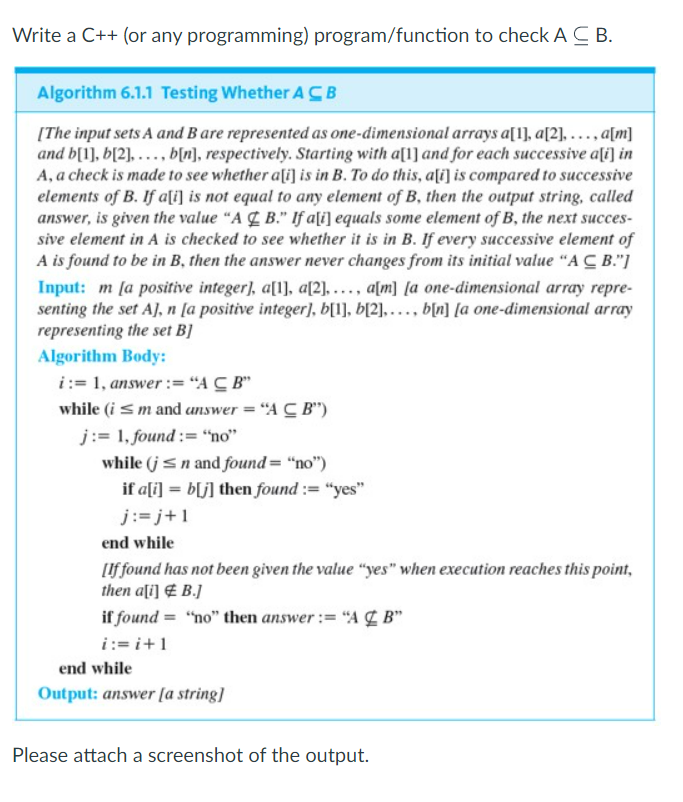 Write A C Or Any Programming Program Function To Check A Cb Algorithm 6 1 1 Testing Whether Acb The Input Sets A A 1