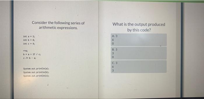 Consider The Following Series Of Arithmetic Expressions What Is The Output Produced By This Code Inta 2 Int B 8 1
