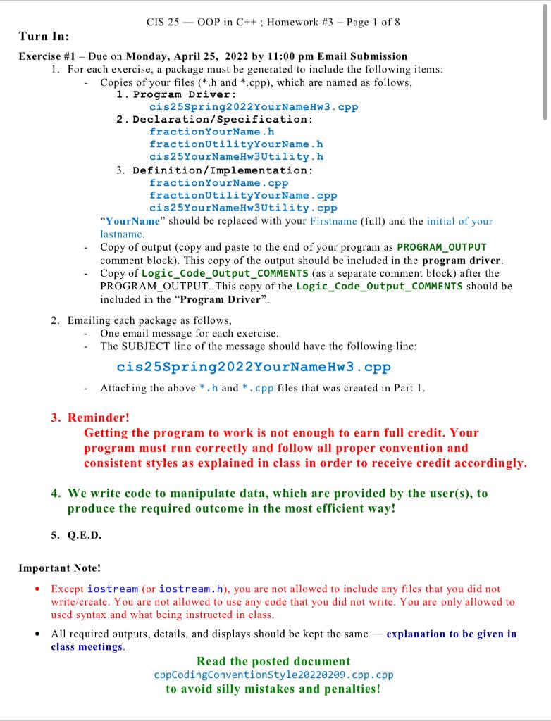 Cis 25 Oop In C Homework 3 Page 1 Of 8 Turn In Exercise 1 Due On Monday April 25 2022 By 11 00 Pm Email Su 1