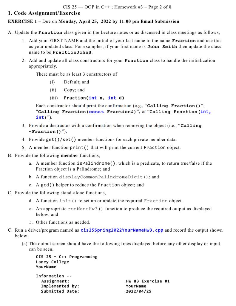 Cis 25 Oop In C Homework 3 Page 1 Of 8 Turn In Exercise 1 Due On Monday April 25 2022 By 11 00 Pm Email Su 2