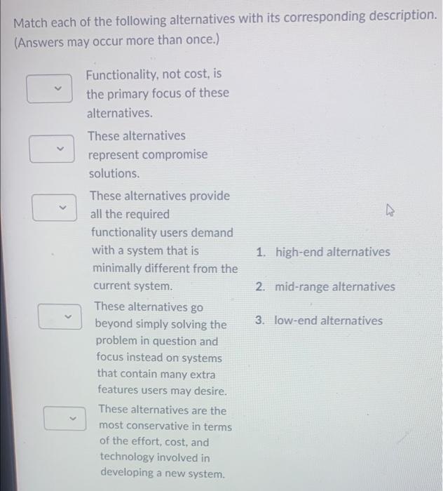 Match Each Of The Following Alternatives With Its Corresponding Description Answers May Occur More Than Once 1 High 2