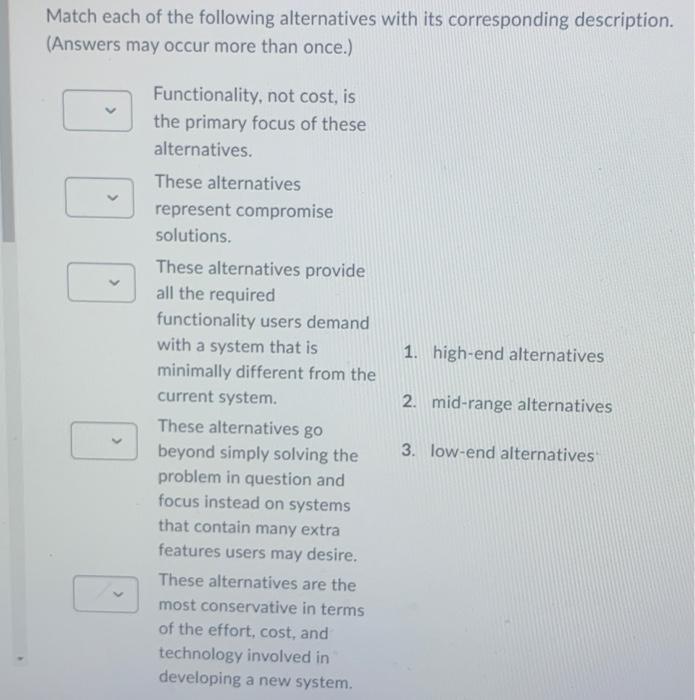 Match Each Of The Following Alternatives With Its Corresponding Description Answers May Occur More Than Once 1 High 4