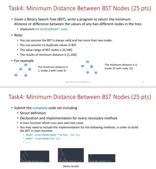 Task4 Minimum Distance Between Bst Nodes 25 Pts Given A Binary Search Tree Bst Write A Program To Return The Min 1